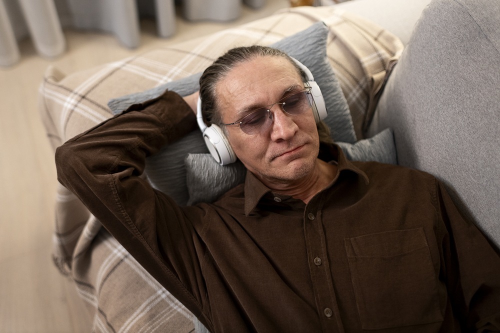 A man wearing headphones and tinted glasses lays on a couch listening to a movie with audio description.